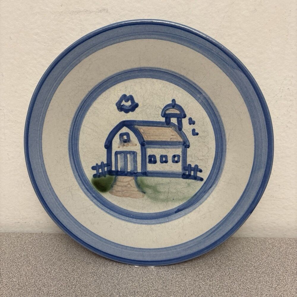 MA Hadley Pottery 9” Luncheon Plate Country Barn Vintage Folk Art Blue